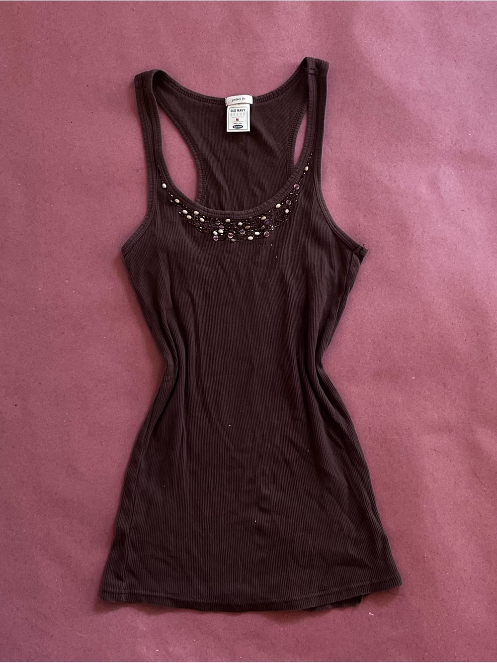 Old Navy Dark Brown Beaded Ribbed Racerback Tank